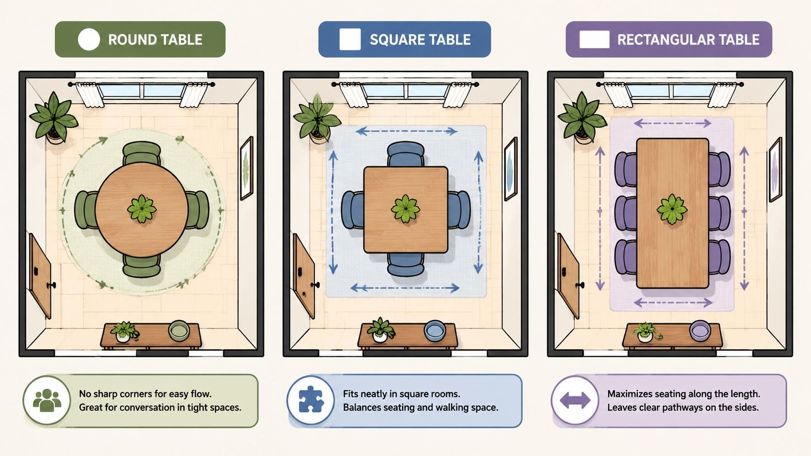A diagram comparing round, square, and rectangular dining tables to help choose the best shape for space.
