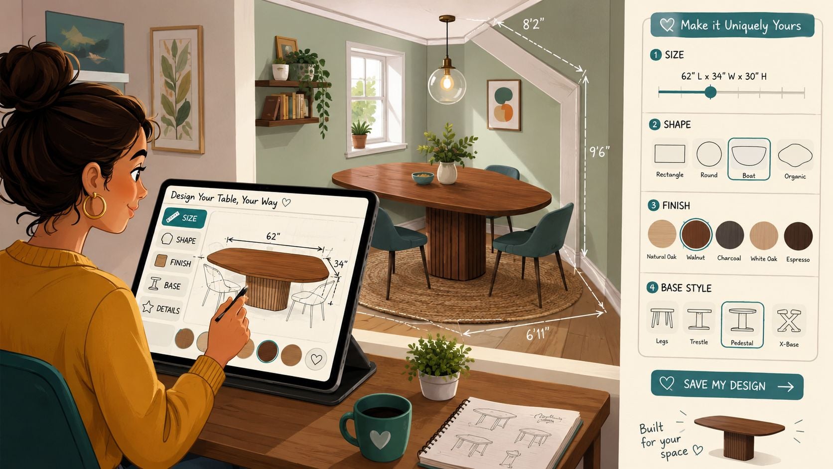 A woman using a tablet to customize a wooden dining table design for a small room.