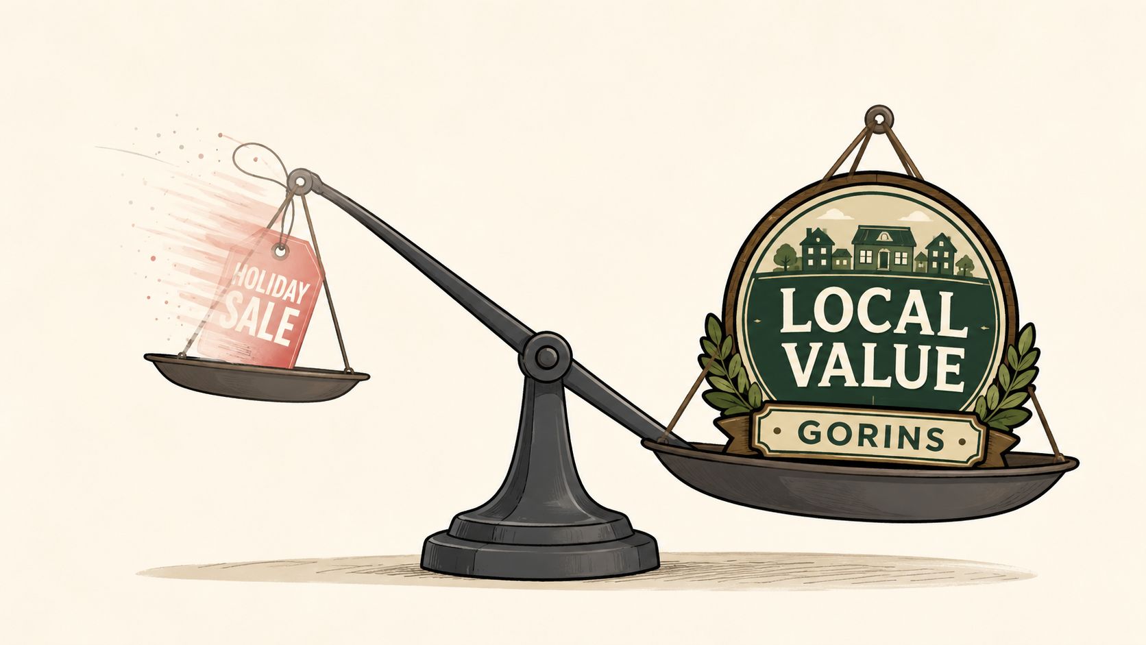 A conceptual illustration featuring a balance scale weighing a 'Holiday Sale' tag against 'Local Value' signage.