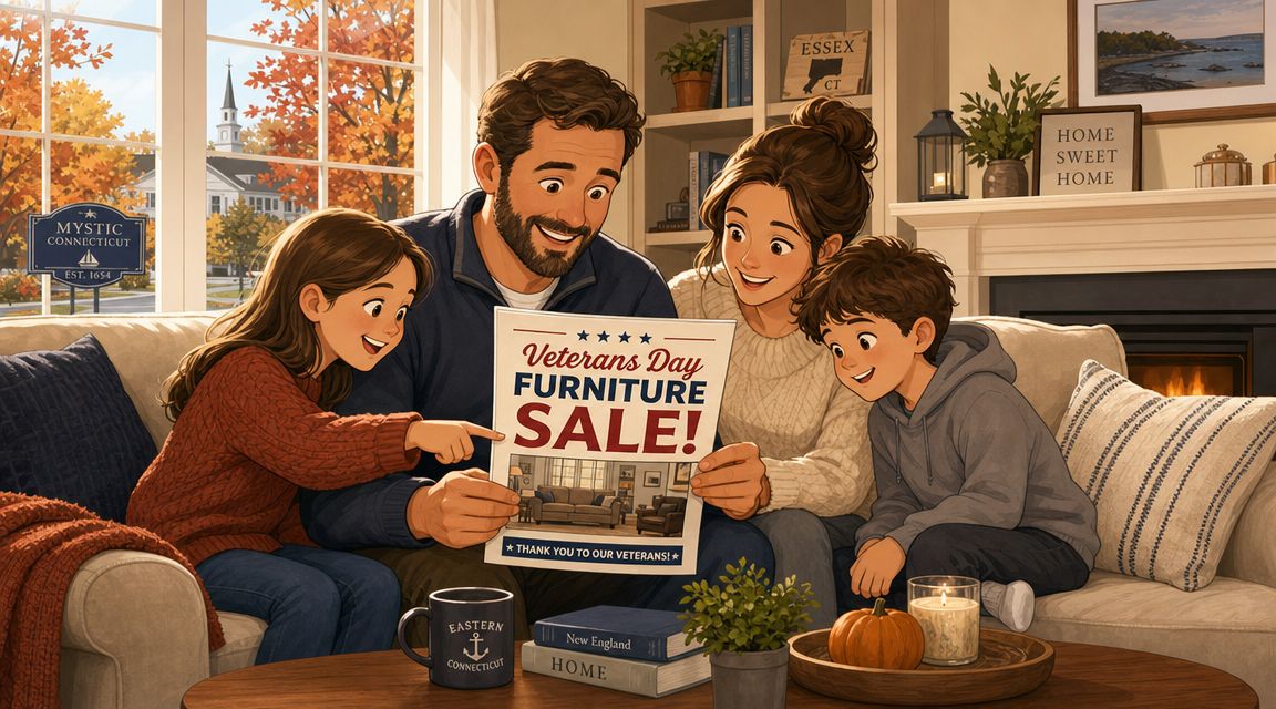 A happy family looking at a Veterans Day furniture sale advertisement on their couch in a living room.