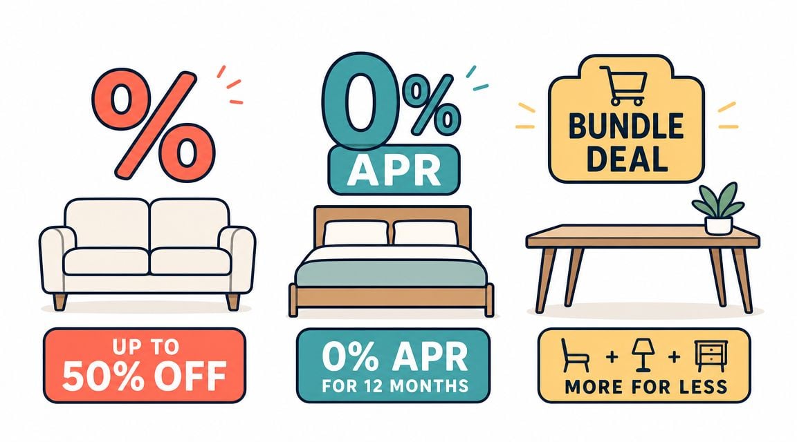 A graphic featuring three furniture sales deals including discounts, zero percent financing, and bundle deals.