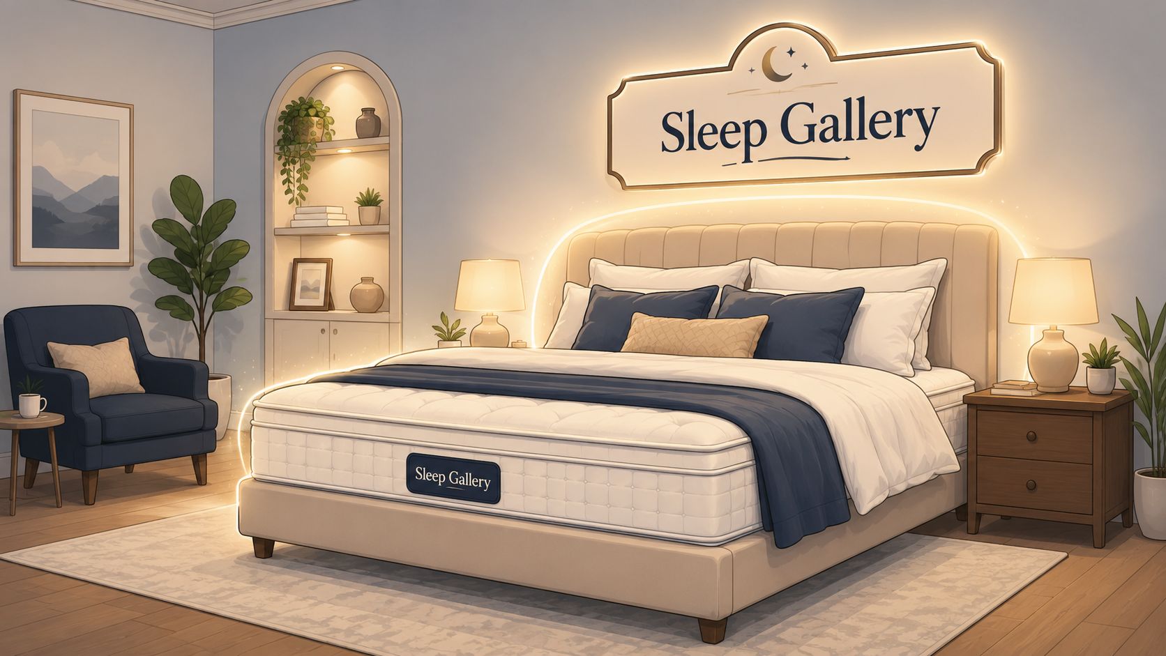 A modern bedroom display in a furniture store featuring a plush mattress and elegant decor.