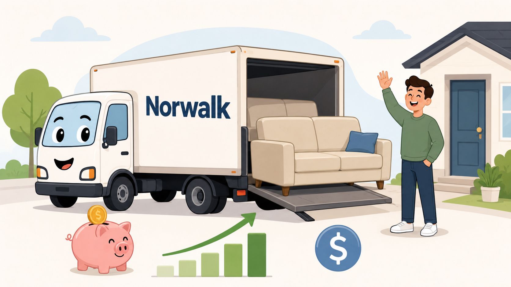 A friendly delivery truck with the Norwalk logo delivers a beige sofa to a happy homeowner.