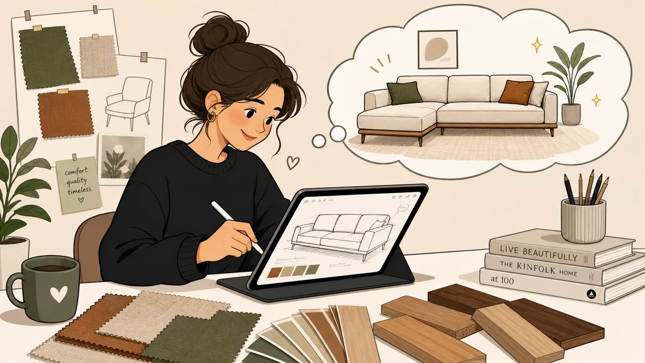 An interior designer sketching a modern sectional sofa on a tablet surrounded by fabric and wood samples.