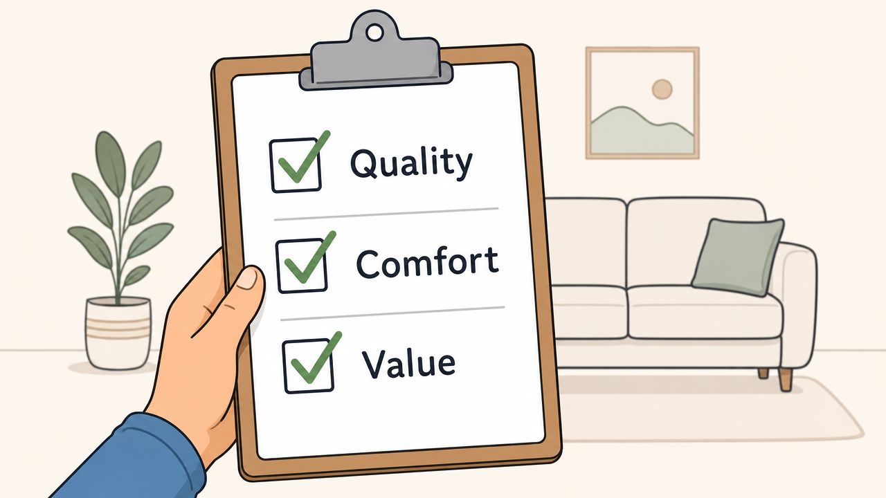A hand holding a clipboard showing a checklist with Quality, Comfort, and Value boxes all checked.
