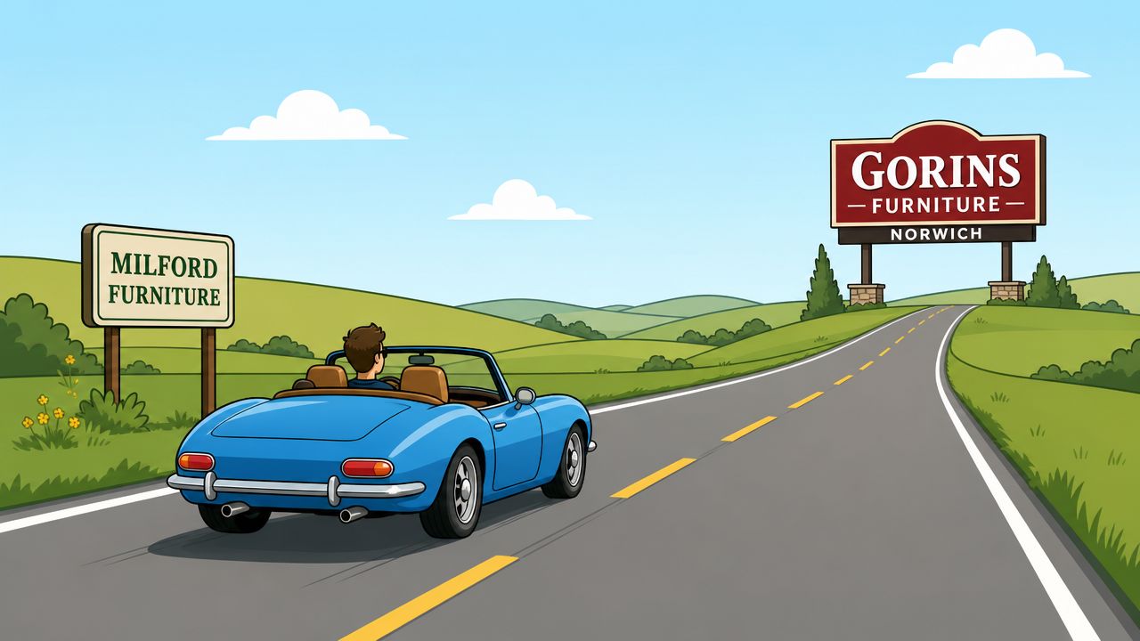 A person driving a blue convertible car along a countryside road past furniture store signs.
