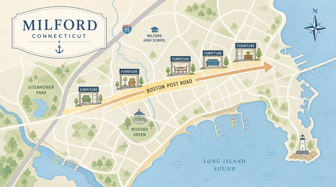 A map of Milford, Connecticut, highlighting multiple furniture store locations along the Boston Post Road.