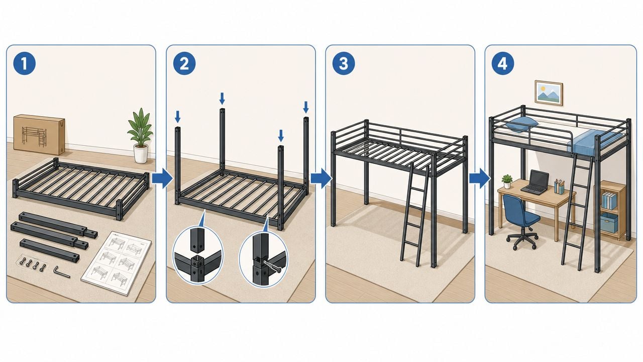 A four-step instructional diagram showing the assembly process for a metal loft bed frame.