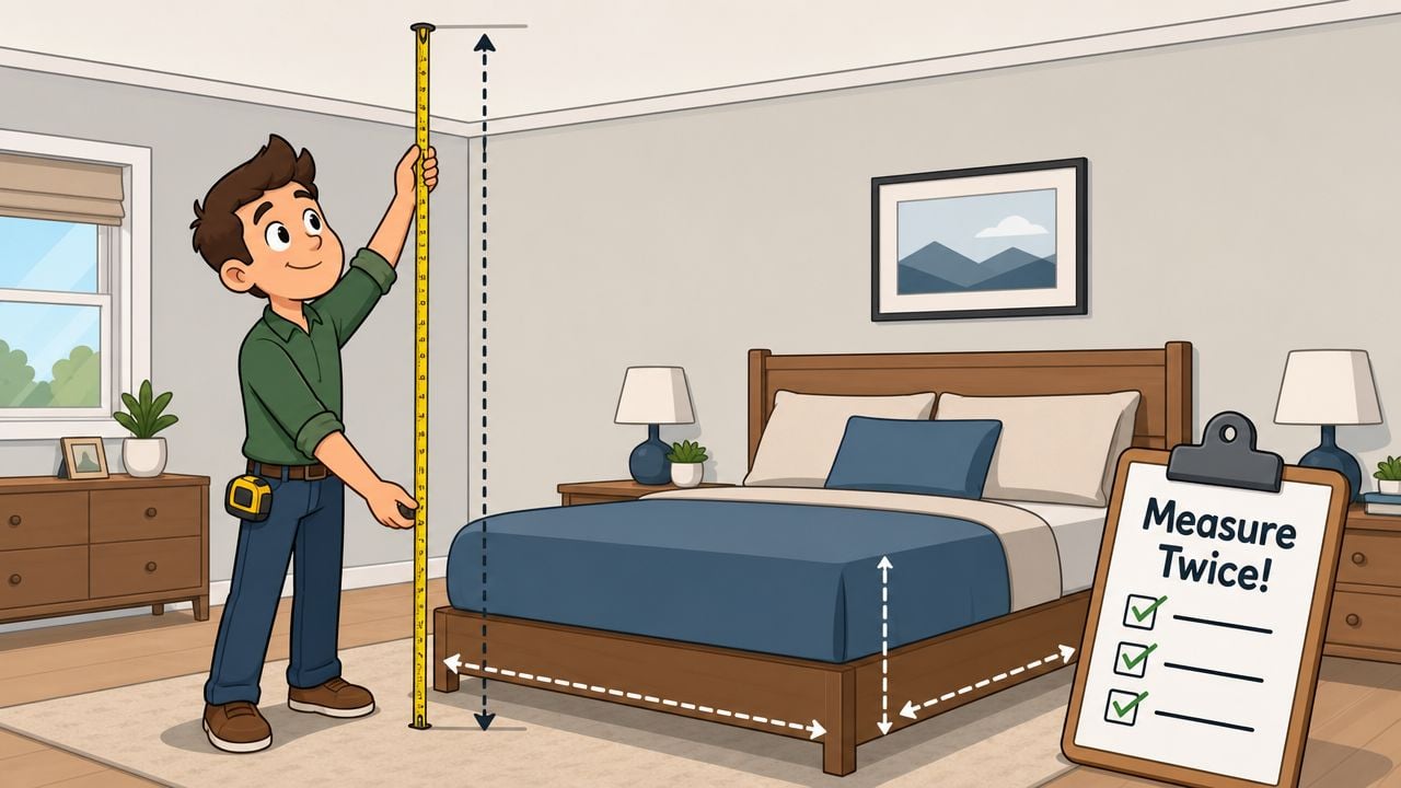 A helpful cartoon handyman measuring the height of a bedroom ceiling to plan for lofting a bed.