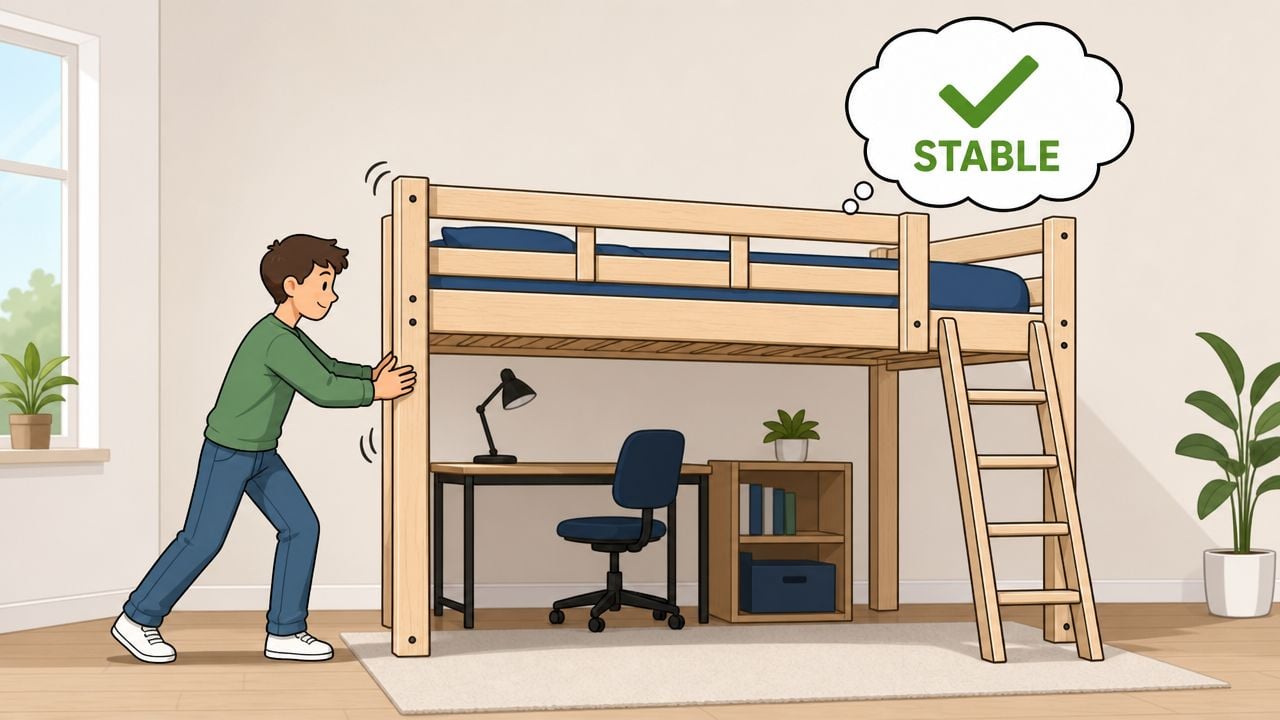 A cartoon man testing the stability of a wooden loft bed by pushing against its frame.