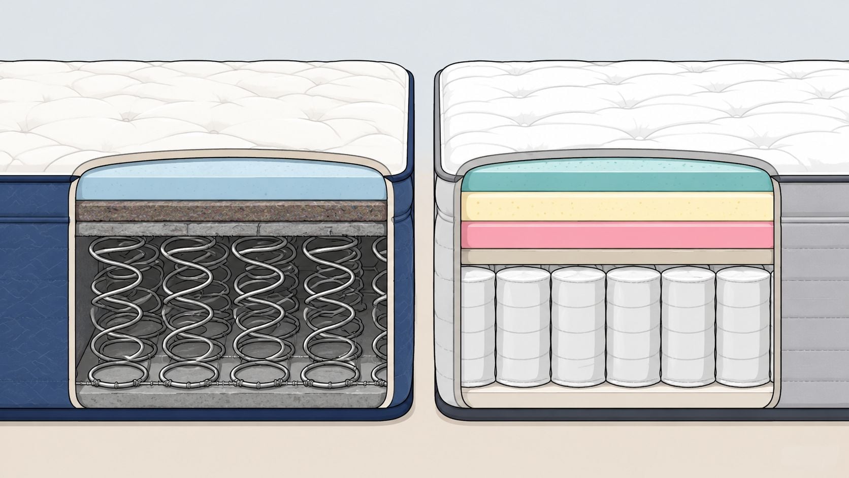 A cross-section comparison view showing the internal construction layers of a traditional innerspring versus a hybrid mattress.