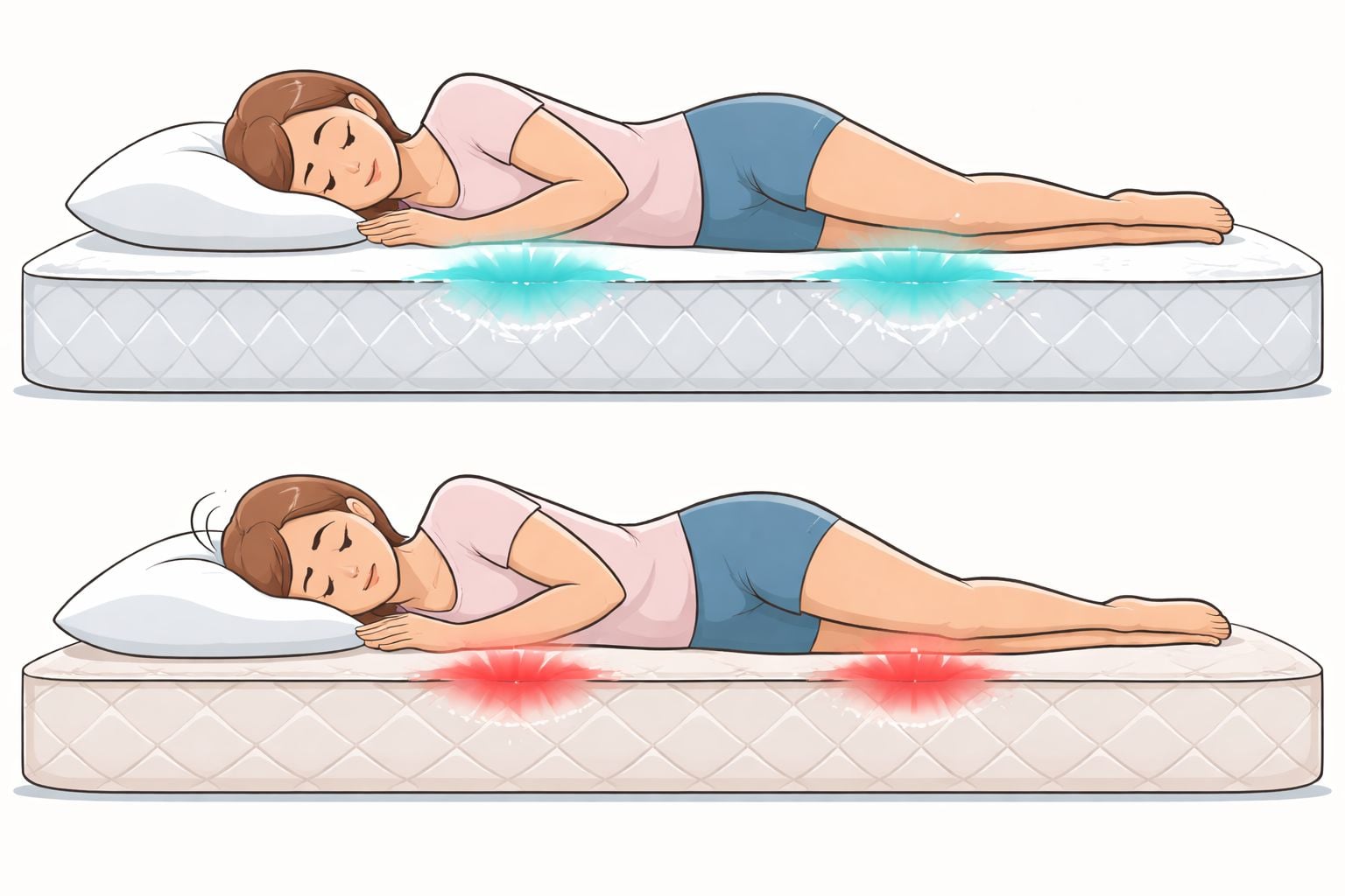 A diagram comparing pressure distribution and heat retention in a mattress while a woman sleeps soundly.