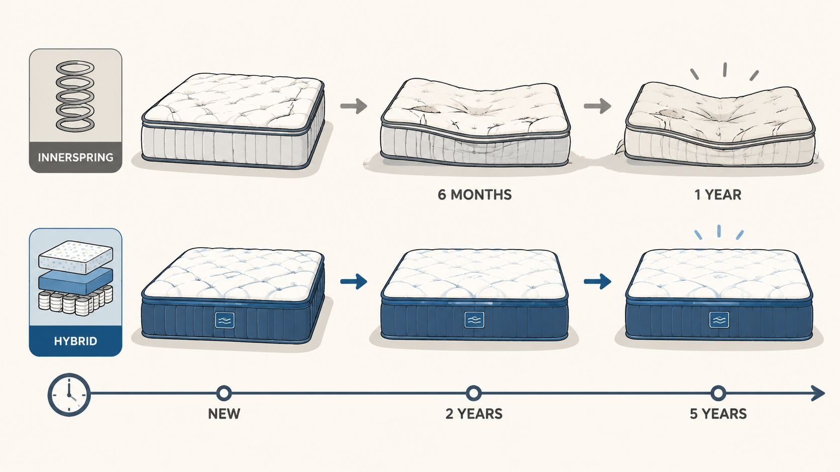 A comparison illustration showing the durability degradation of an innerspring mattress versus a hybrid mattress over time.