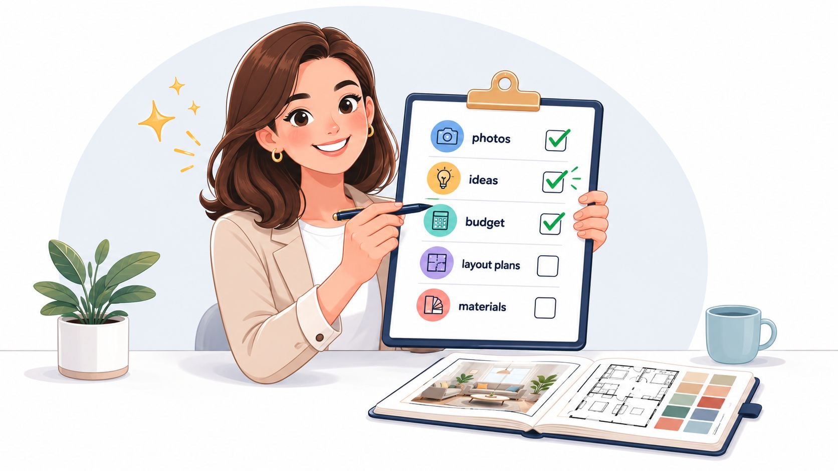 A friendly interior designer smiling and holding a checklist board with completed tasks at her workspace.