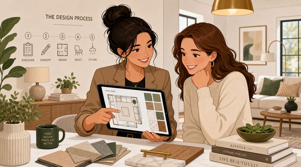 Two professional interior designers collaborating on a home renovation project while reviewing floor plans on a tablet.