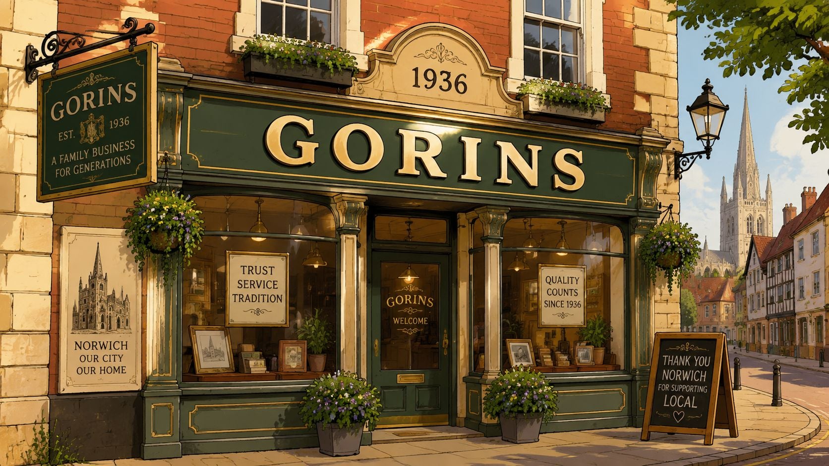 A charming, historic storefront of a local business named Gorins located on a quiet English street.