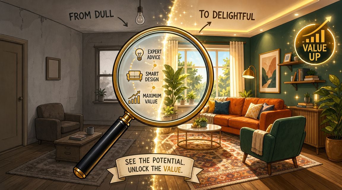 A split-screen illustration showing a dull room transforming into a delightful, stylish living space using interior design.
