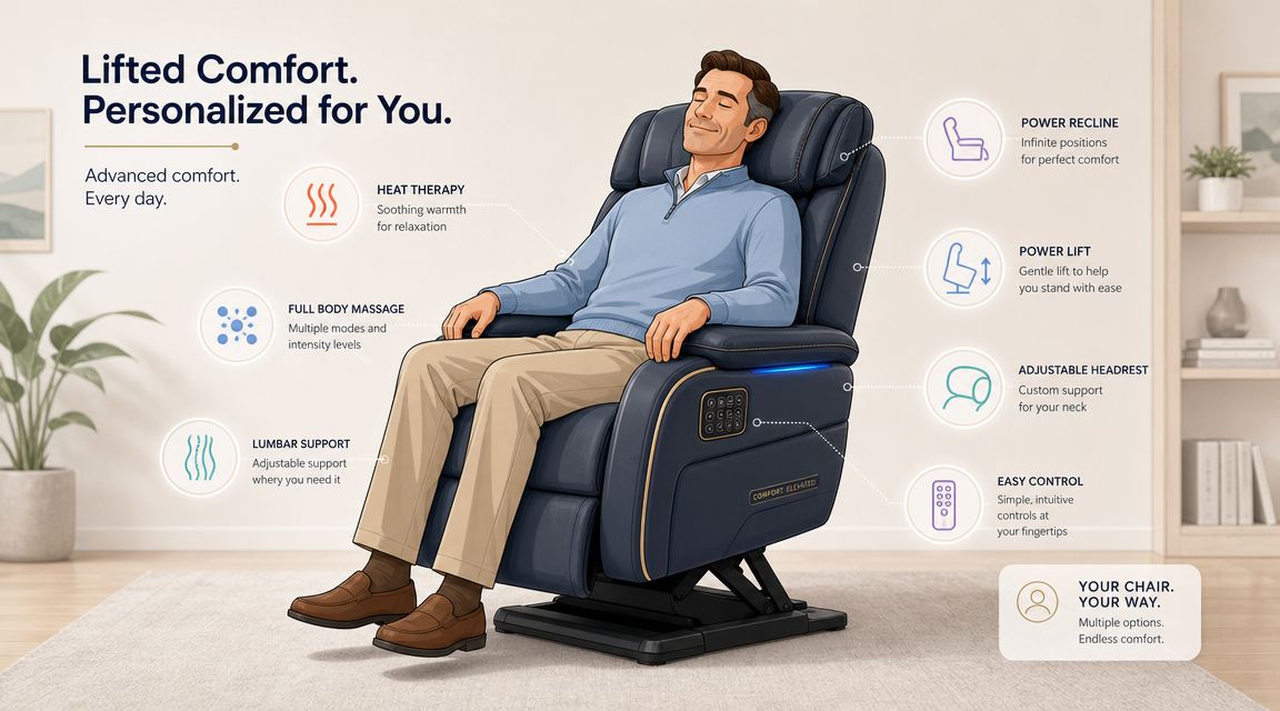 A man relaxing in a premium blue leather lift chair with various comfort features clearly labeled.