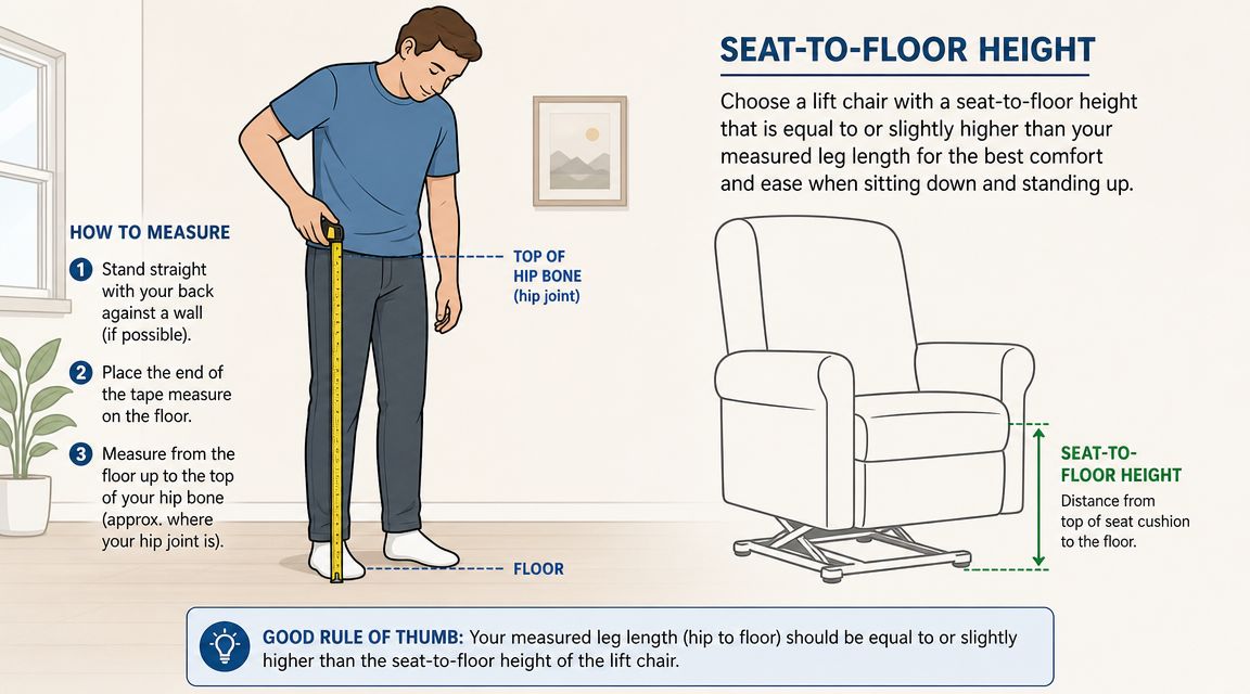 A diagram illustrating how to measure leg length for choosing the correct lift chair height.