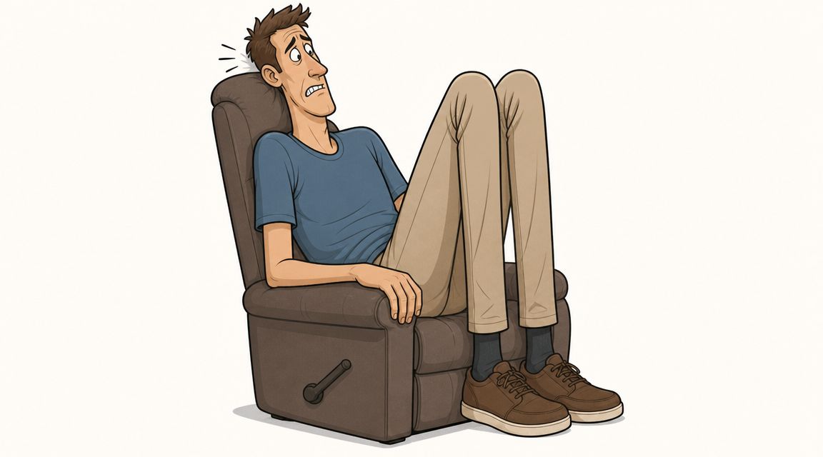 A tall man sitting uncomfortably in a small recliner chair, illustrating the struggle with improper furniture size.