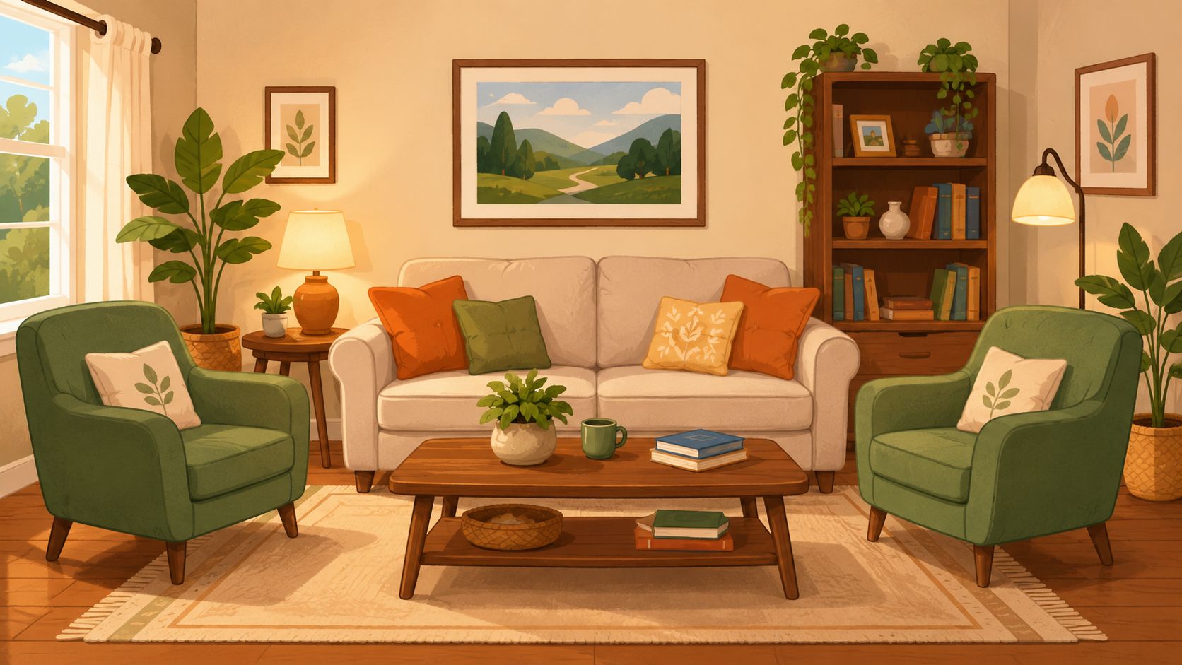 A cozy, warm-toned living room featuring a beige sofa, two green armchairs, and thoughtful decor elements.