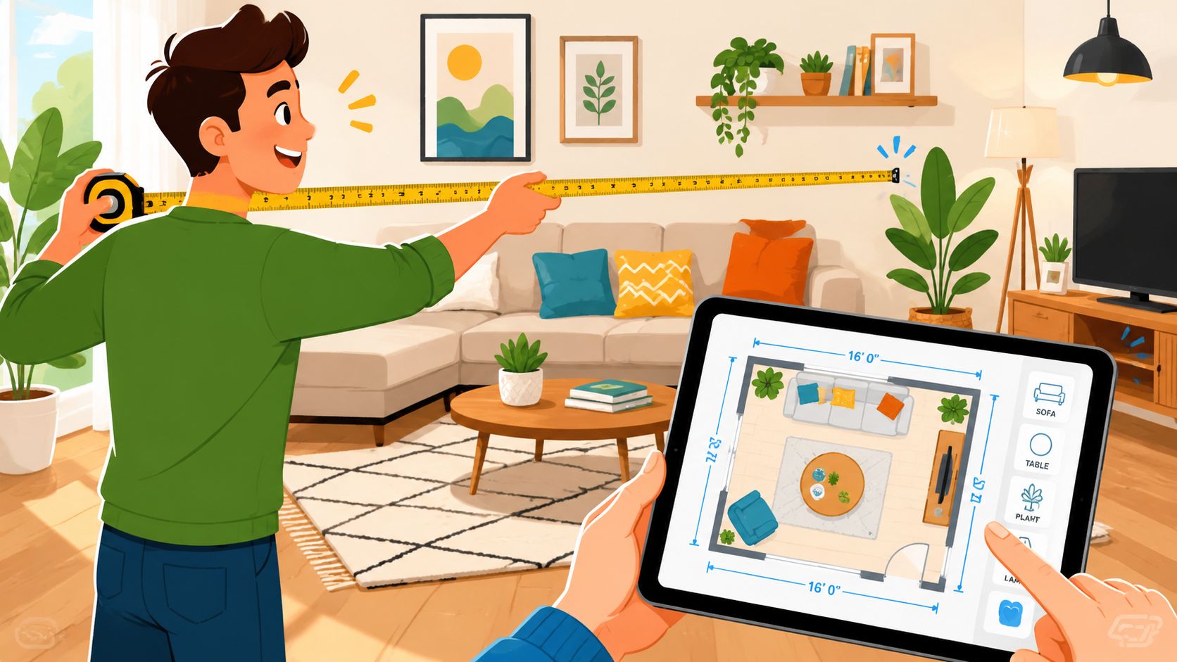 A person using a tape measure to plan furniture placement for a modern living room design