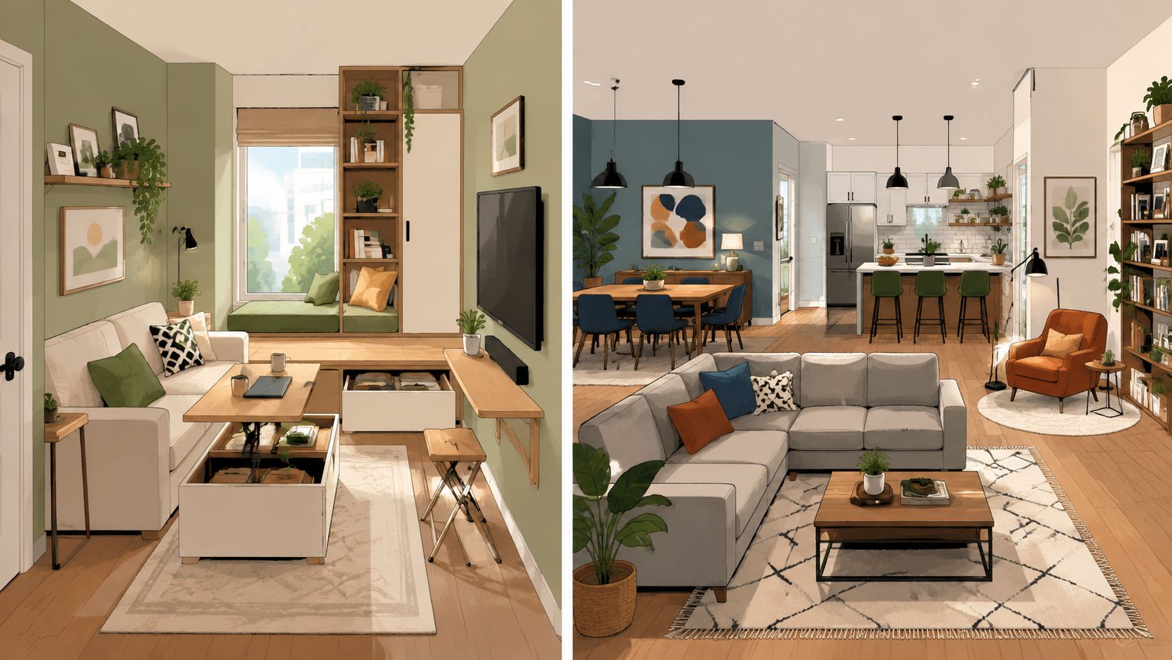 A split image showing two different modern living room designs with stylish furniture and home decor.
