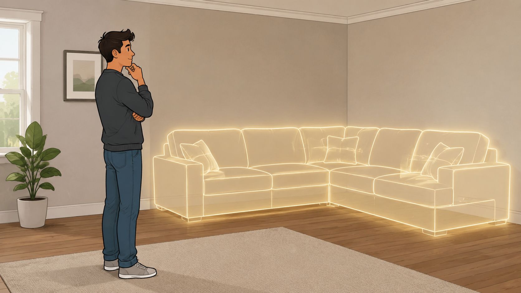A man stands in a room looking at a glowing, transparent holographic sectional sofa layout.
