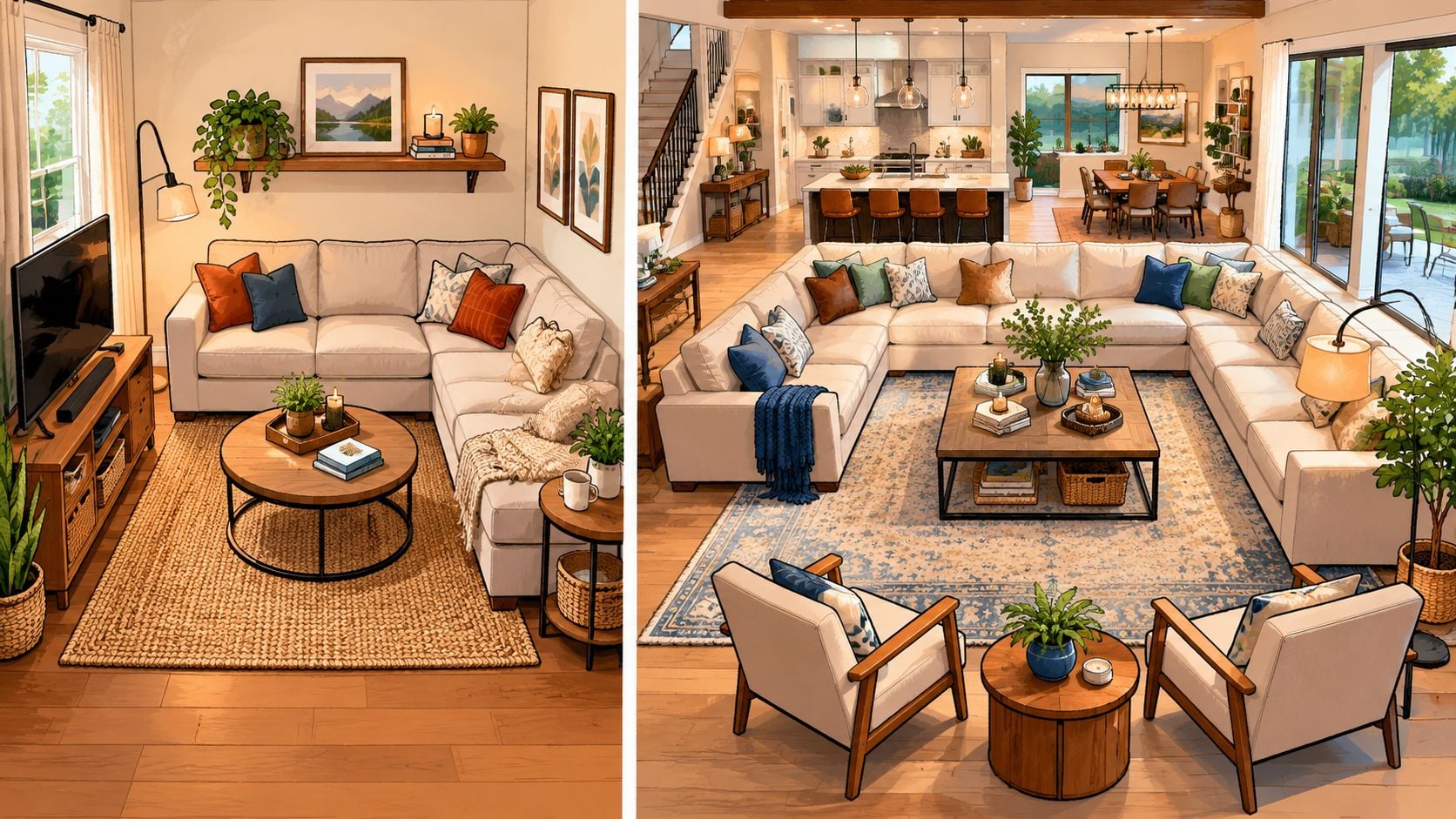 Two illustrations comparing different living room sectional sofa layouts for cozy home interior design inspiration.