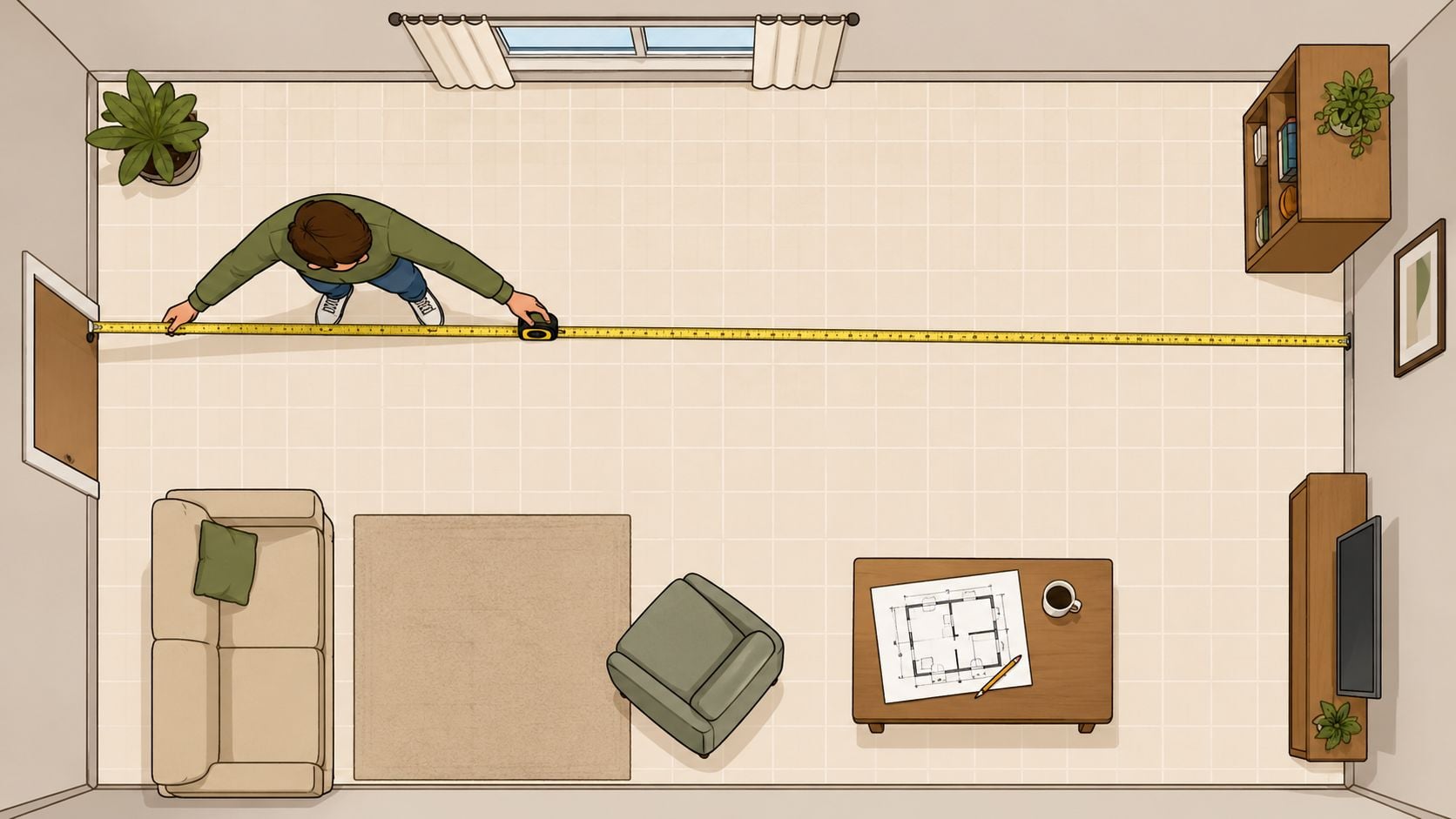 An overhead view of a person measuring the length of a modern living room with a tape measure.