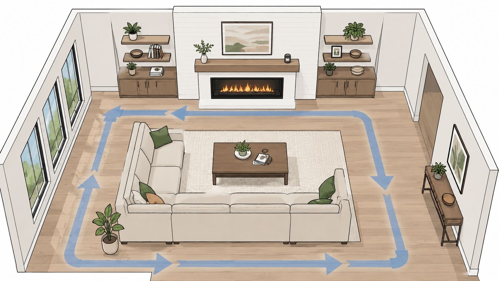 A top-down view of a modern living room featuring a large beige sectional sofa and fireplace.