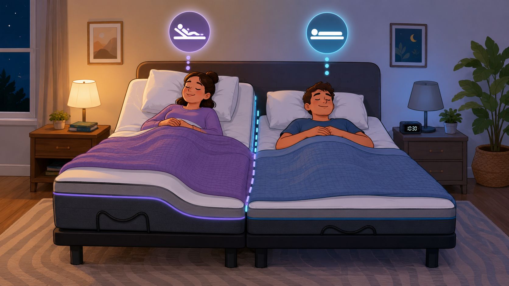 A couple sleeping on a split adjustable bed base with different elevation settings for personalized comfort.