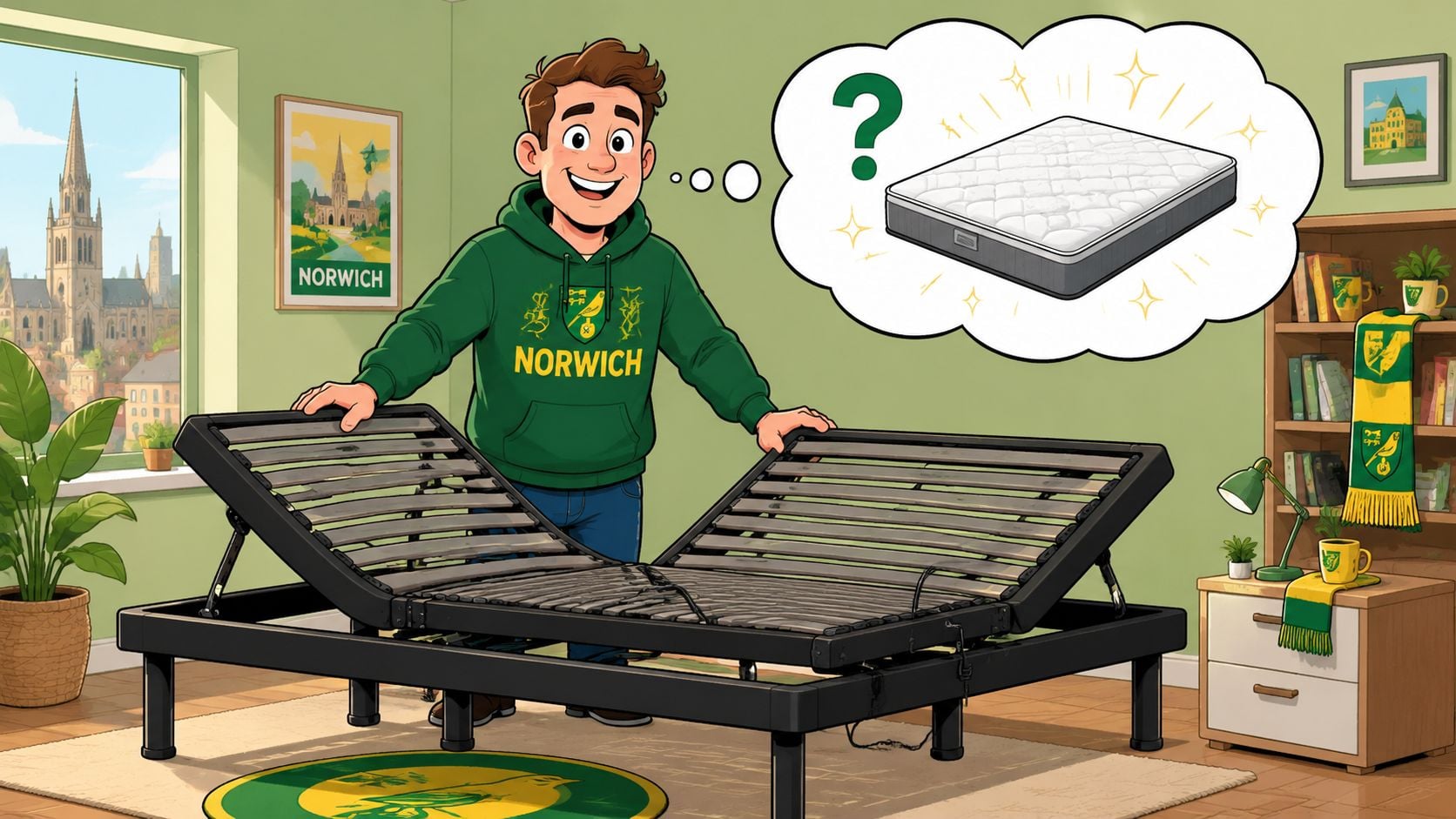 A man in a green Norwich hoodie standing behind an adjustable bed frame while dreaming of a mattress.