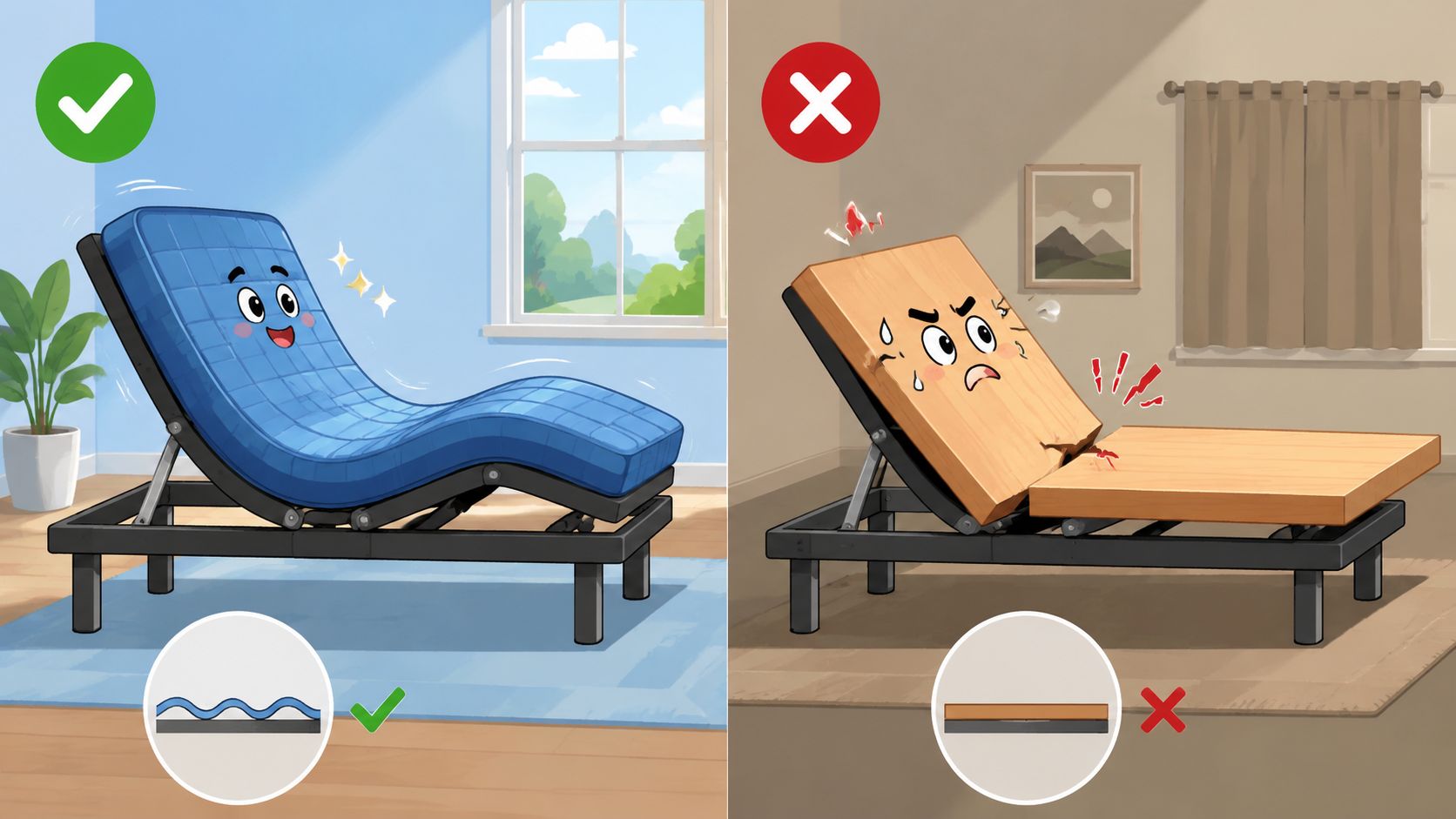 A comparison showing a flexible mattress on an adjustable bed frame versus a rigid board that snaps.