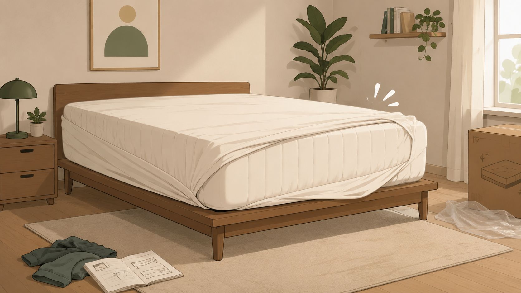 A cozy, minimalist bedroom featuring a comfortable mattress on a wooden bed frame, with soft morning sunlight.