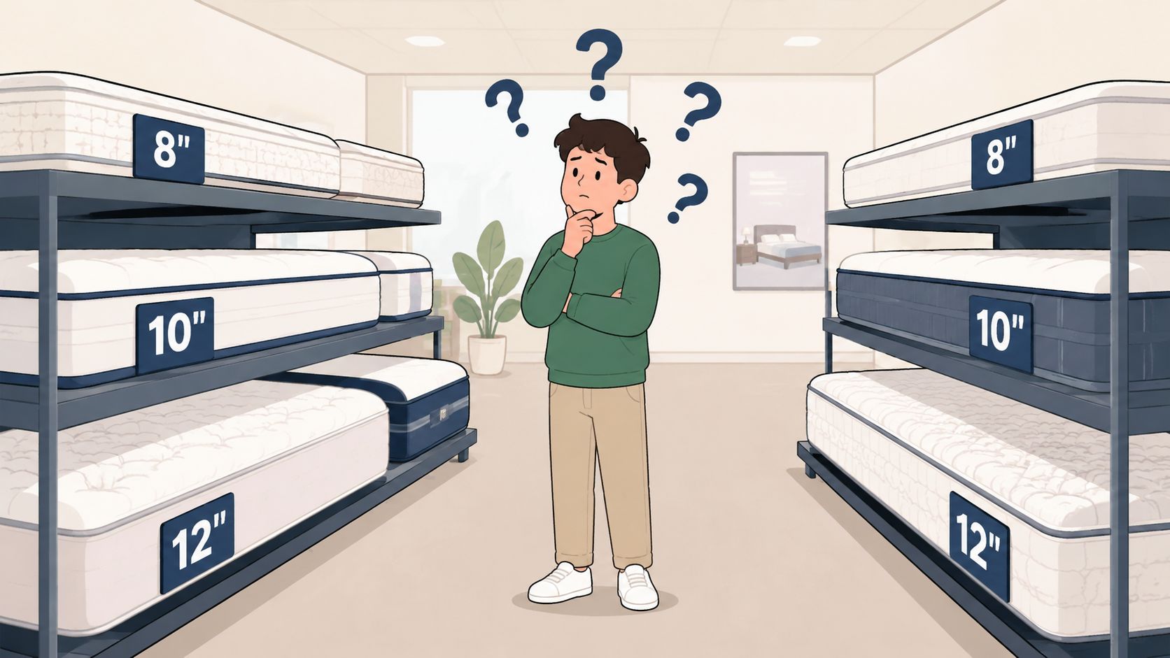 A person standing in a store, contemplating different mattress thickness options on display shelves.