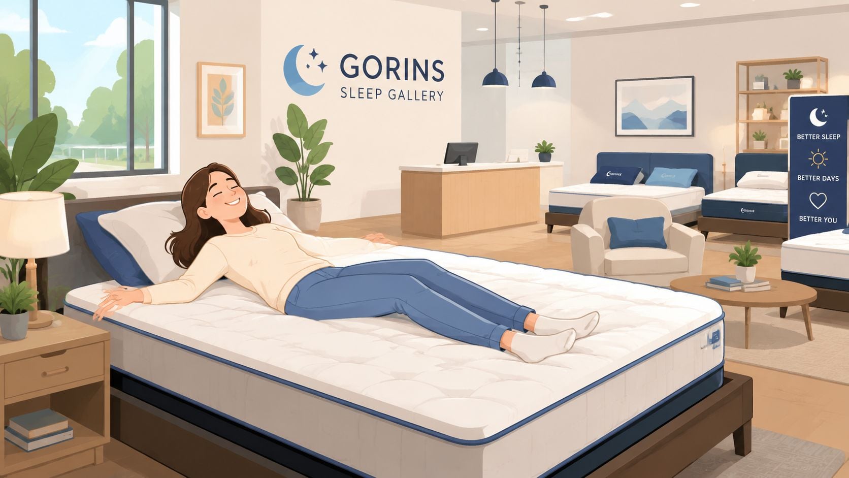 A happy woman lying on a comfortable mattress in a modern Gorins Sleep Gallery mattress showroom.