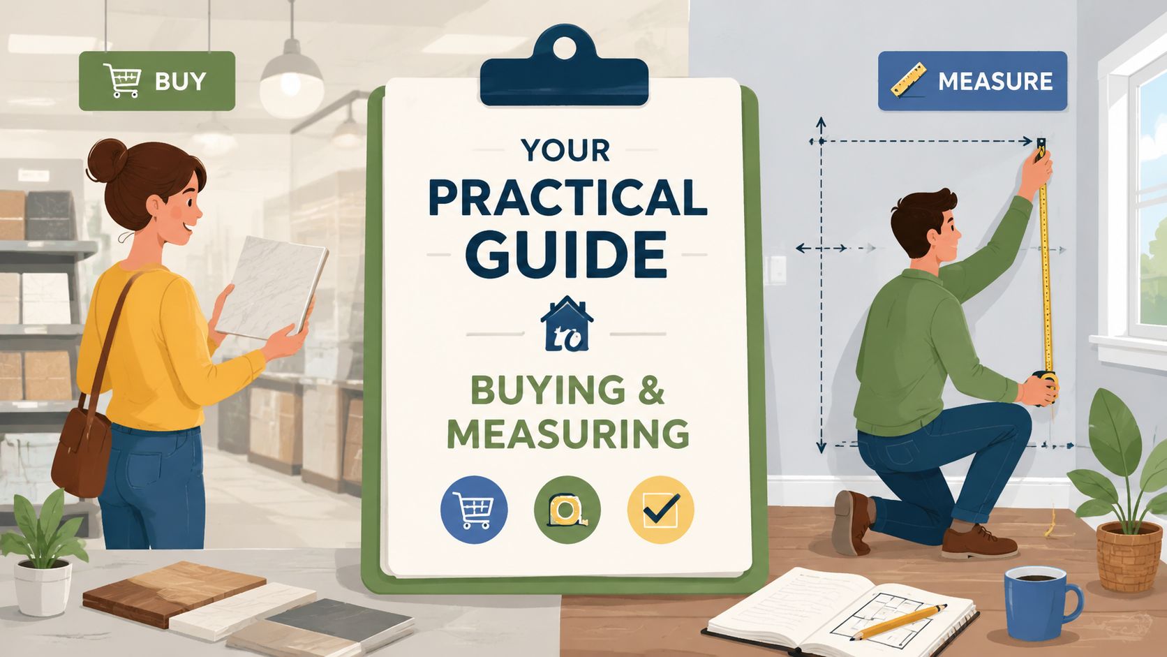A split illustration showing a woman shopping for tiles and a man measuring a home wall.