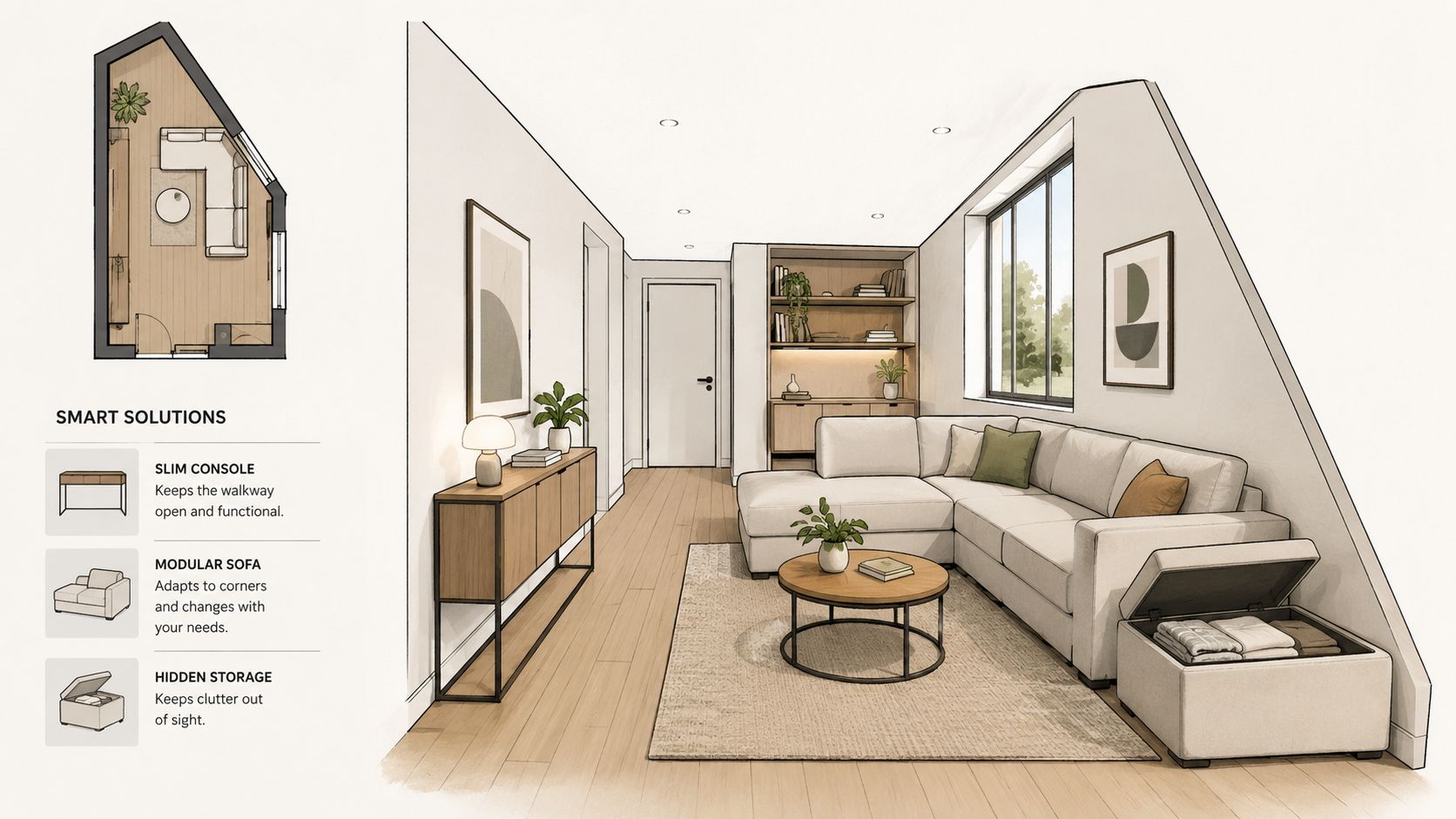 A modern living room design sketch featuring a modular sofa, slim console, and hidden storage solutions.