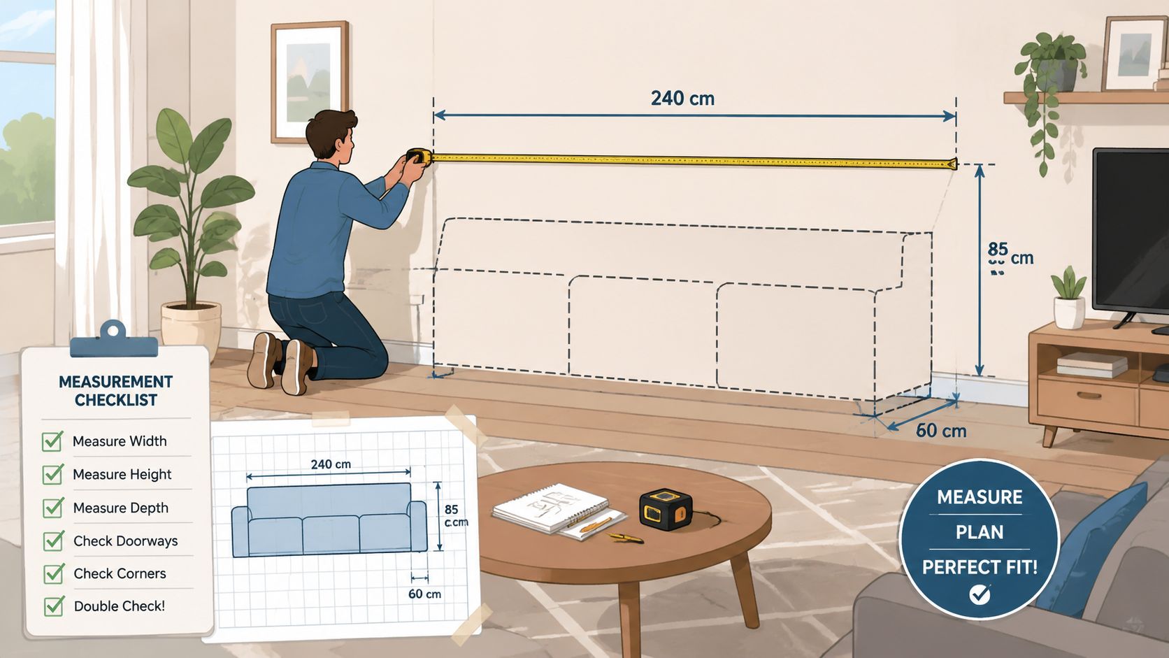 A man measuring a wall space for new living room furniture using a yellow tape measure.