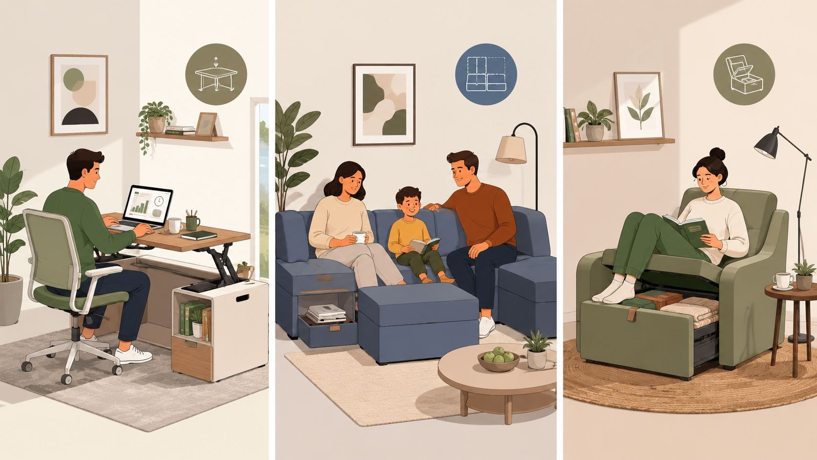 A digital illustration showing three different scenarios of space-saving and multifunctional home furniture for small apartments.