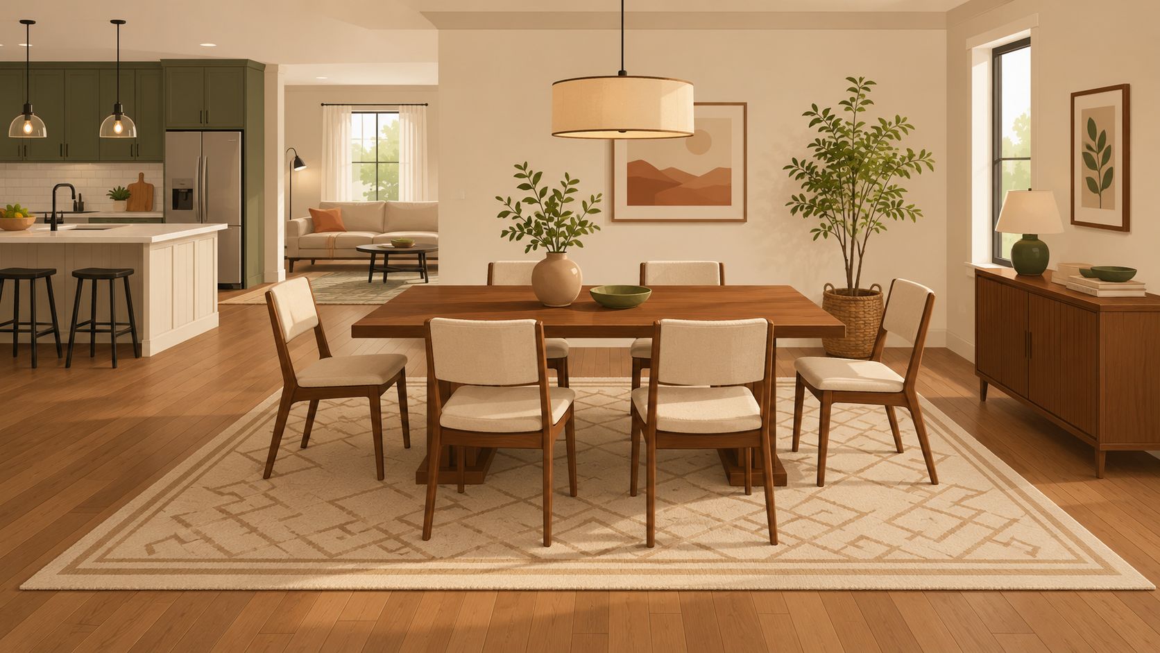 A modern open concept dining room featuring a wooden table, beige chairs, and minimalist decor in a bright home.