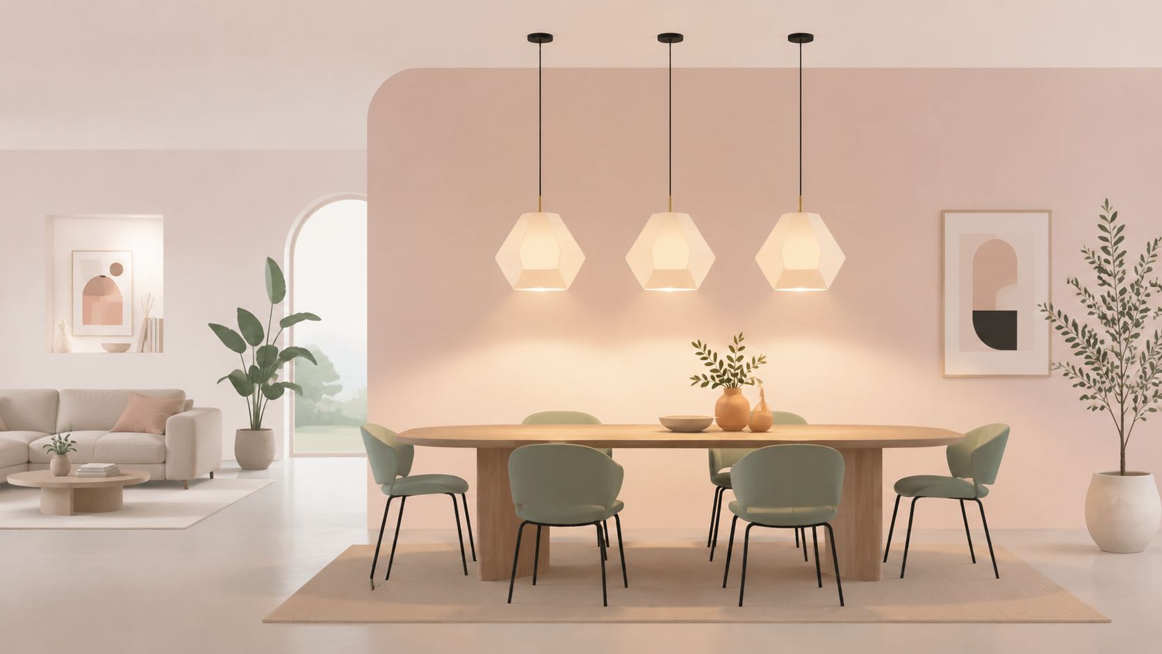 A modern open concept dining room featuring a wooden table, sage green chairs, and minimalist pendant lighting.