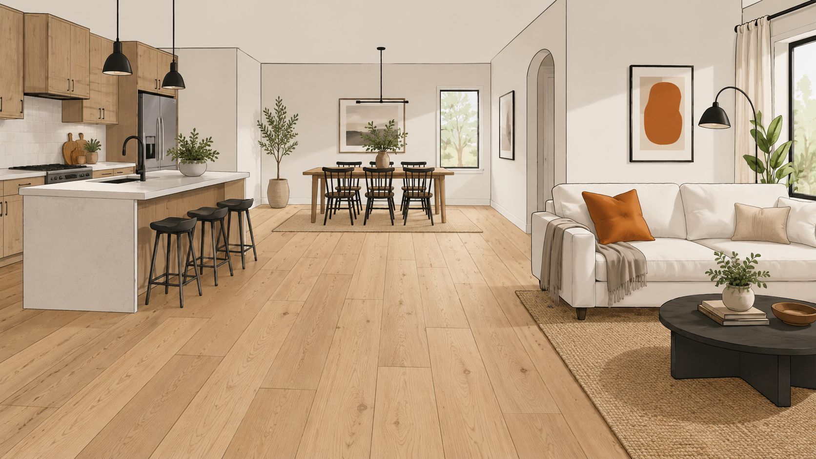 A bright, modern open concept kitchen, dining area, and living room with light wood flooring and neutral decor.