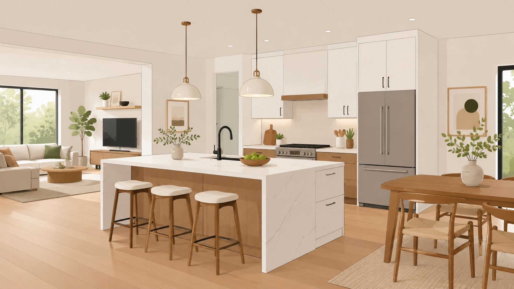 A bright, modern open concept kitchen and dining room with wooden accents, white cabinets, and large windows.
