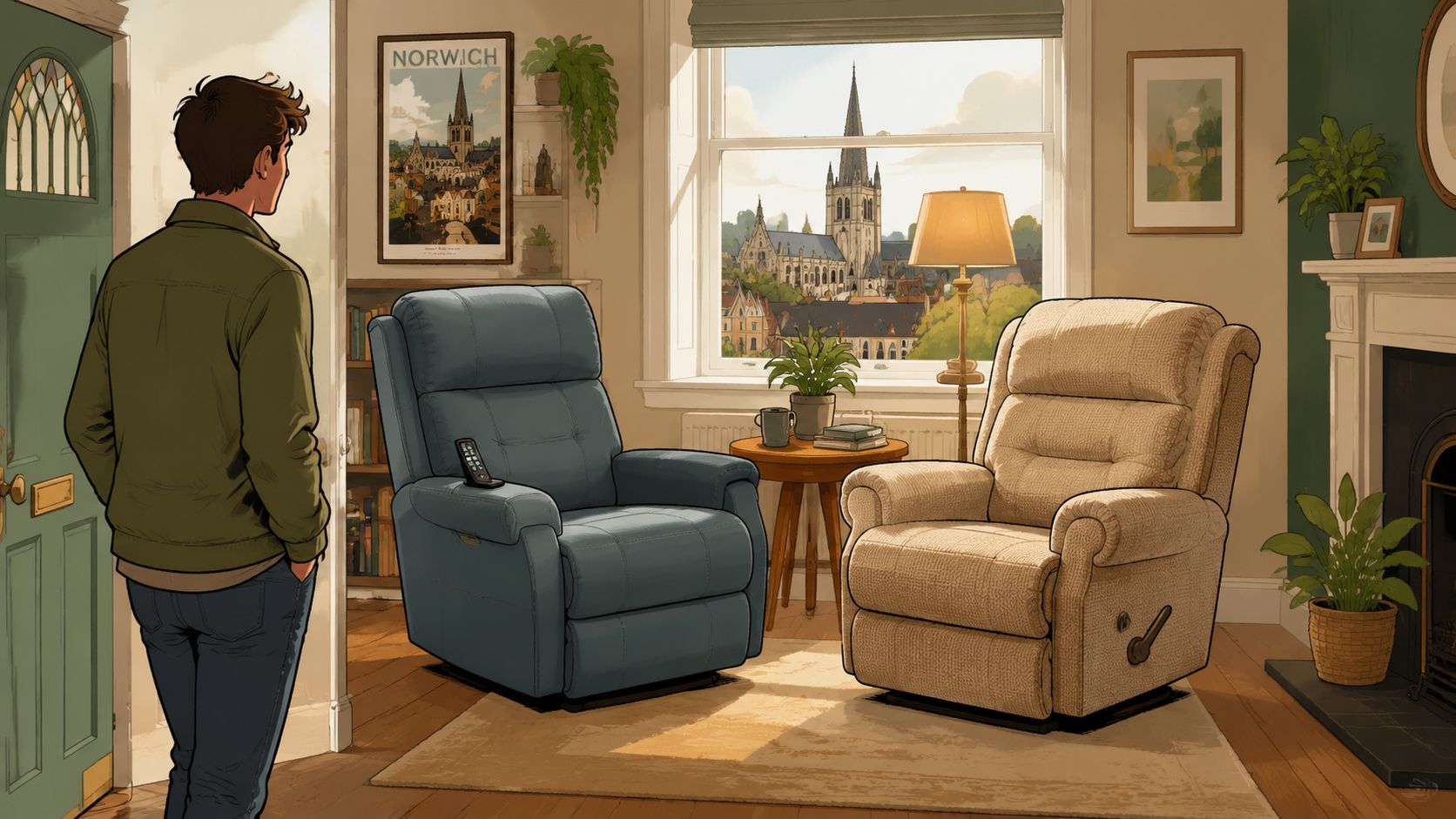 A man stands in a room with a blue power recliner and a beige manual recliner chair.