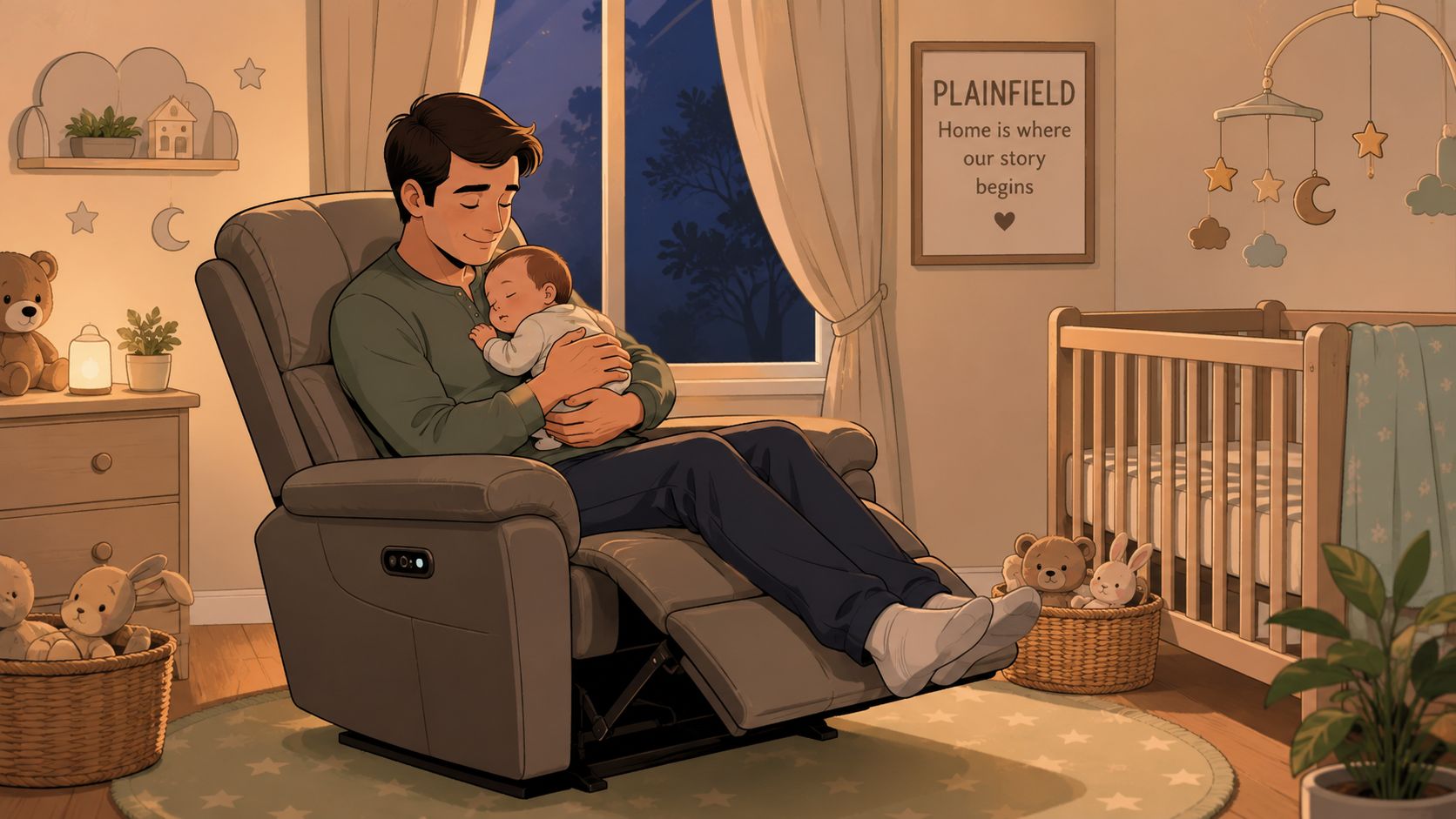 A father sitting in a comfortable power recliner while gently holding his sleeping baby in a nursery.