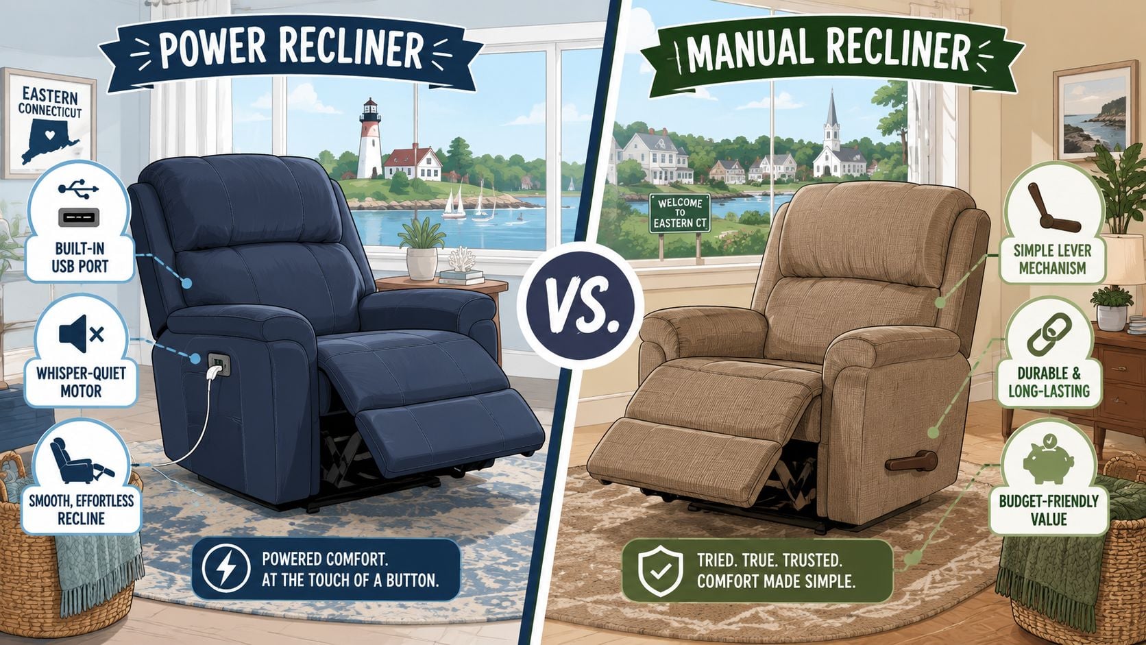A comparison infographic between a blue power recliner and a brown manual recliner with detailed feature labels.