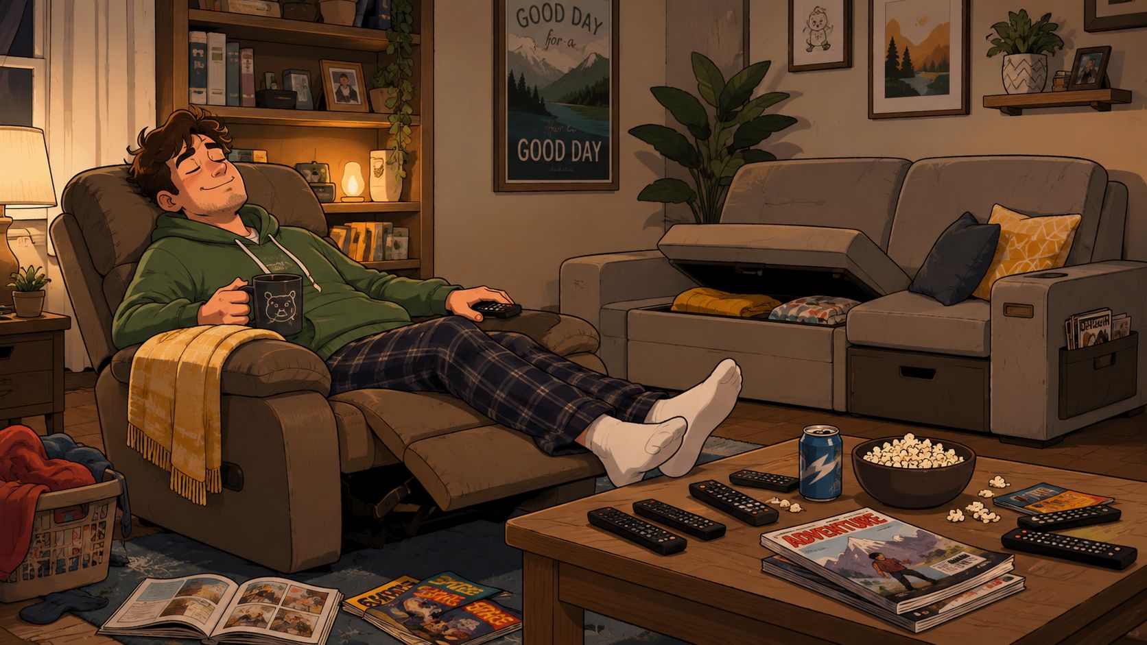 A young man relaxing in a recliner chair in his cozy living room with magazines and snacks.