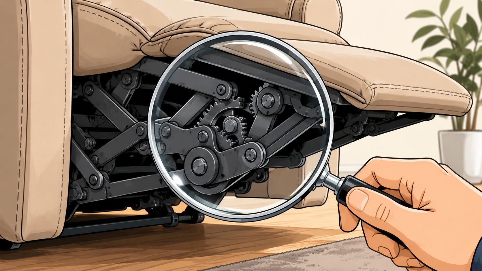 A hand holding a magnifying glass focused on the complex mechanical gear mechanism of a reclining sofa.